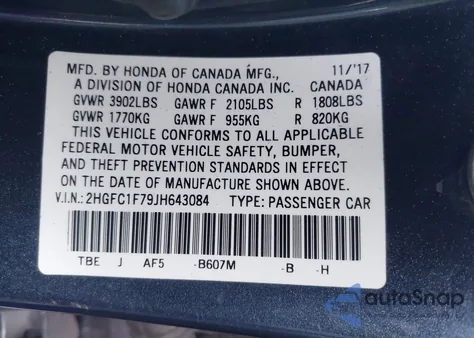 2018 Honda Civic Ex-L z USA, uszkodzony, nr VIN 2HGFC1F79JH643084